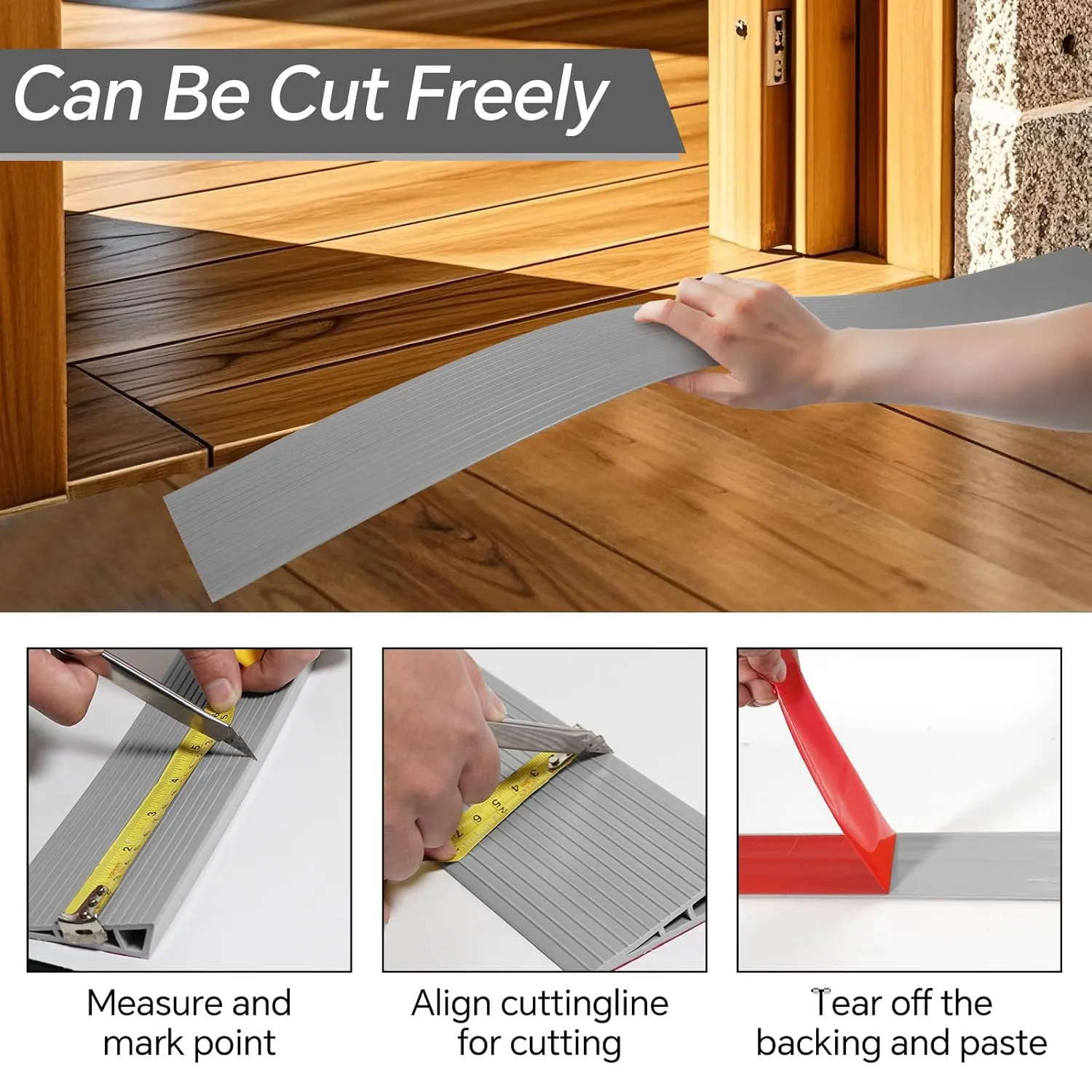 0.8 Rise Threshold Ramps for Doorways, Floor Transition Strip Self-Adhesive with Anti-Slip Stripes, Waterproof Vinyl Gap Cover for Wood Tile Flooring, Wheelchair & Walker Friendly (Grey, 40 in)