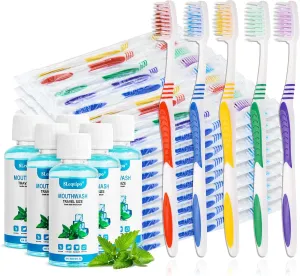 10 pcs Bulk Toothbrushes Individually Wrapped, Colorful Manual Disposable Toothbrush bundle with 10pcs Travel Size Mouthwash Bulk Mini Mouthwash, Fresh Mint Portable Mouthwash Individual 1.2oz