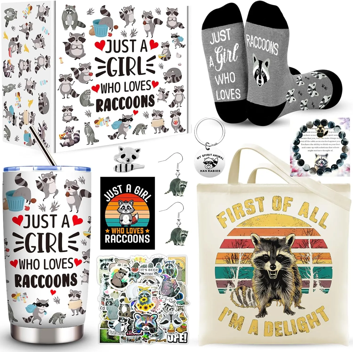 10 Pcs Raccoon Gifts, Raccoon Lovers Gifts for Women, Cute Raccoon Stuff with 20 Oz Tumbler Tote Bag Socks Bracelet Ring Earrings Keychain Stickers Card for Birthday Christmas Raccoon Lover