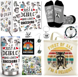 10 Pcs Raccoon Gifts, Raccoon Lovers Gifts for Women, Cute Raccoon Stuff with 20 Oz Tumbler Tote Bag Socks Bracelet Ring Earrings Keychain Stickers Card for Birthday Christmas Raccoon Lover