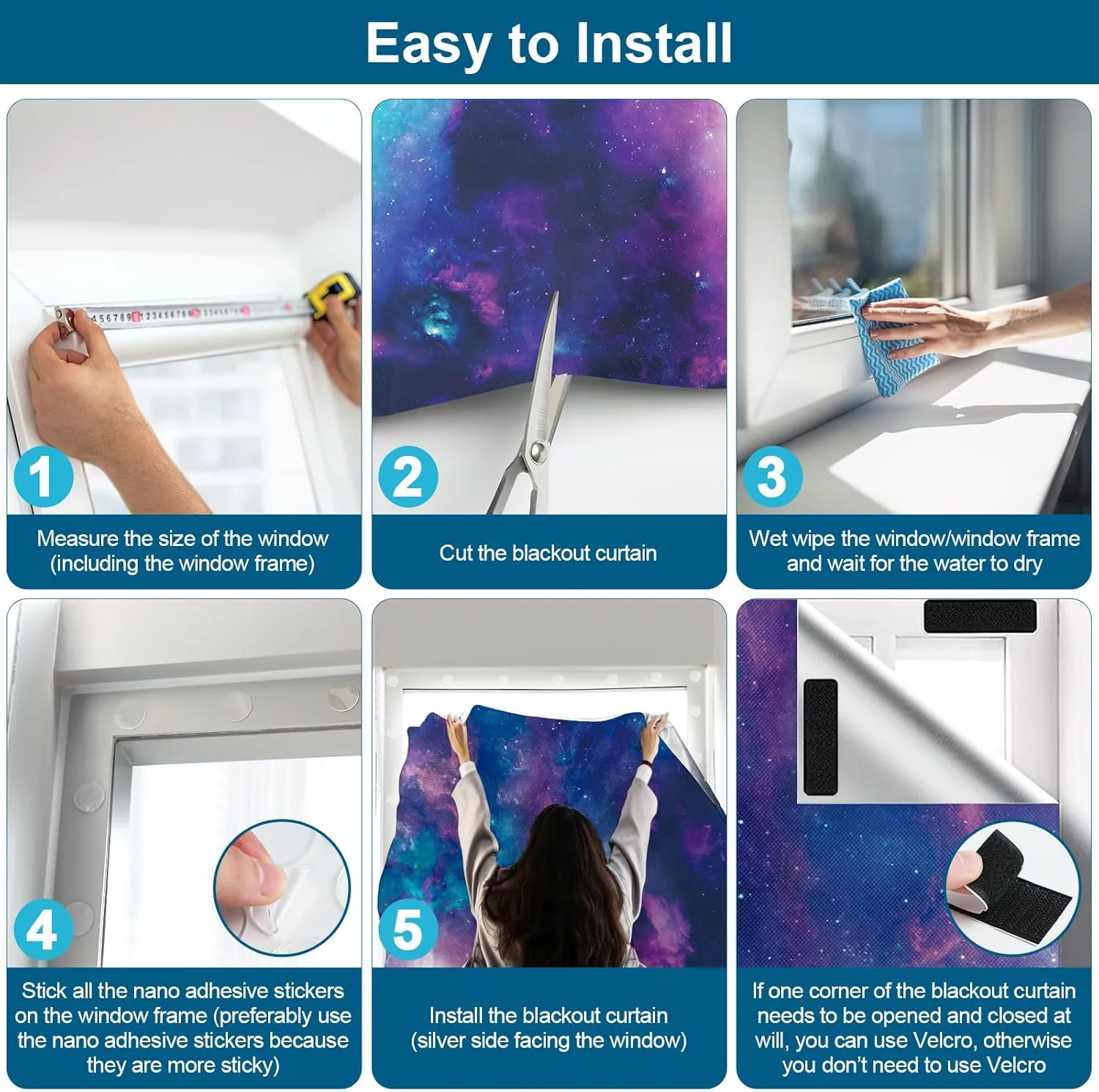 100% Blackout Curtains for Bedroom, Portable DIY Window Blinds, No Drill Window Shades & Blackout Blinds with Stickers & Tabs for Travel, Dorm Room, Media Room (Starry Sky, 157" x 57")