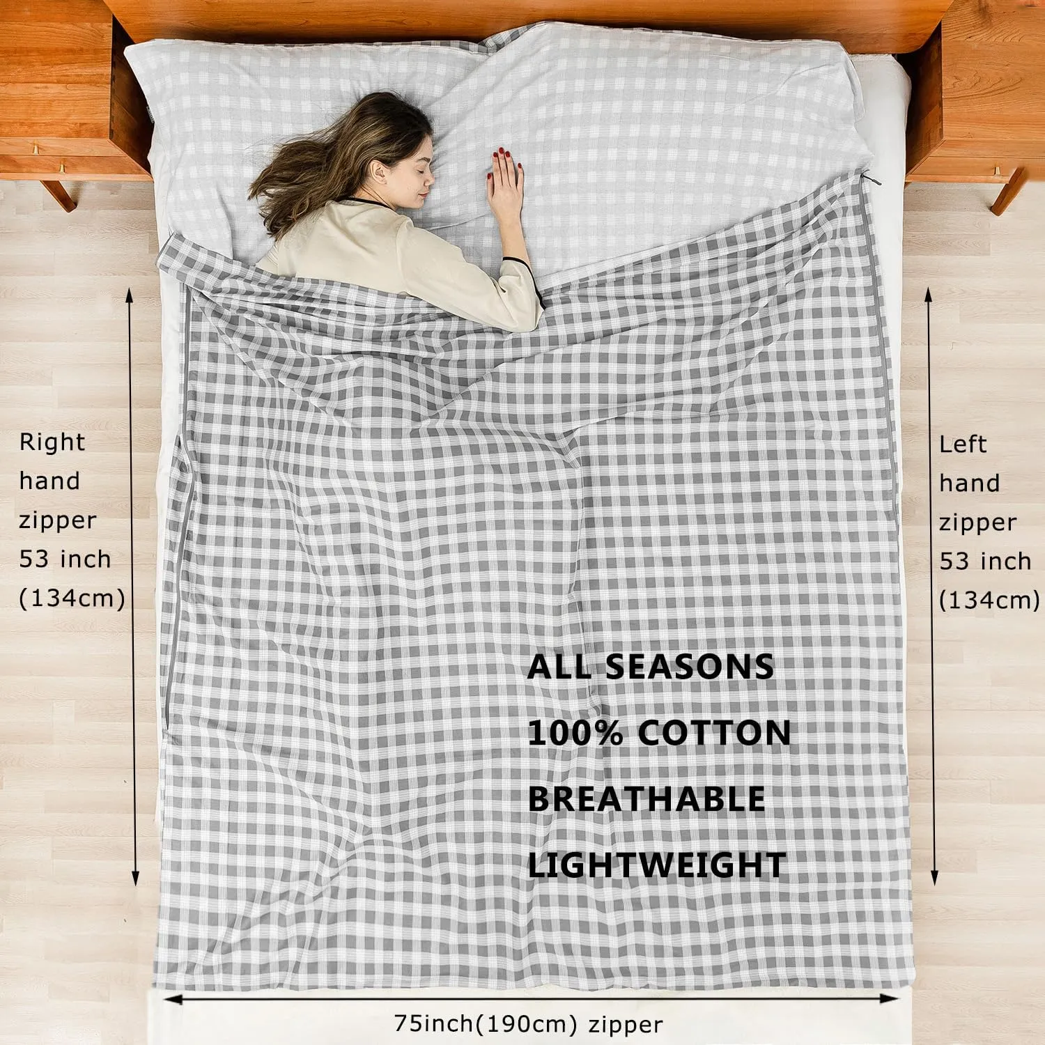 100% Cotton Sleeping Bag Liner with Full Length Zipper on 3 Sides; Single/Double Adult Sleep Sack for Travel & Camping, Multifunctional Travel Sheets (Unzipped 87”x87”) for Hotel, Lightweight