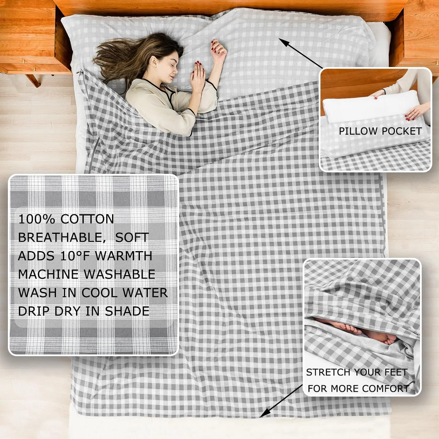 100% Cotton Sleeping Bag Liner with Full Length Zipper on 3 Sides; Single/Double Adult Sleep Sack for Travel & Camping, Multifunctional Travel Sheets (Unzipped 87”x87”) for Hotel, Lightweight