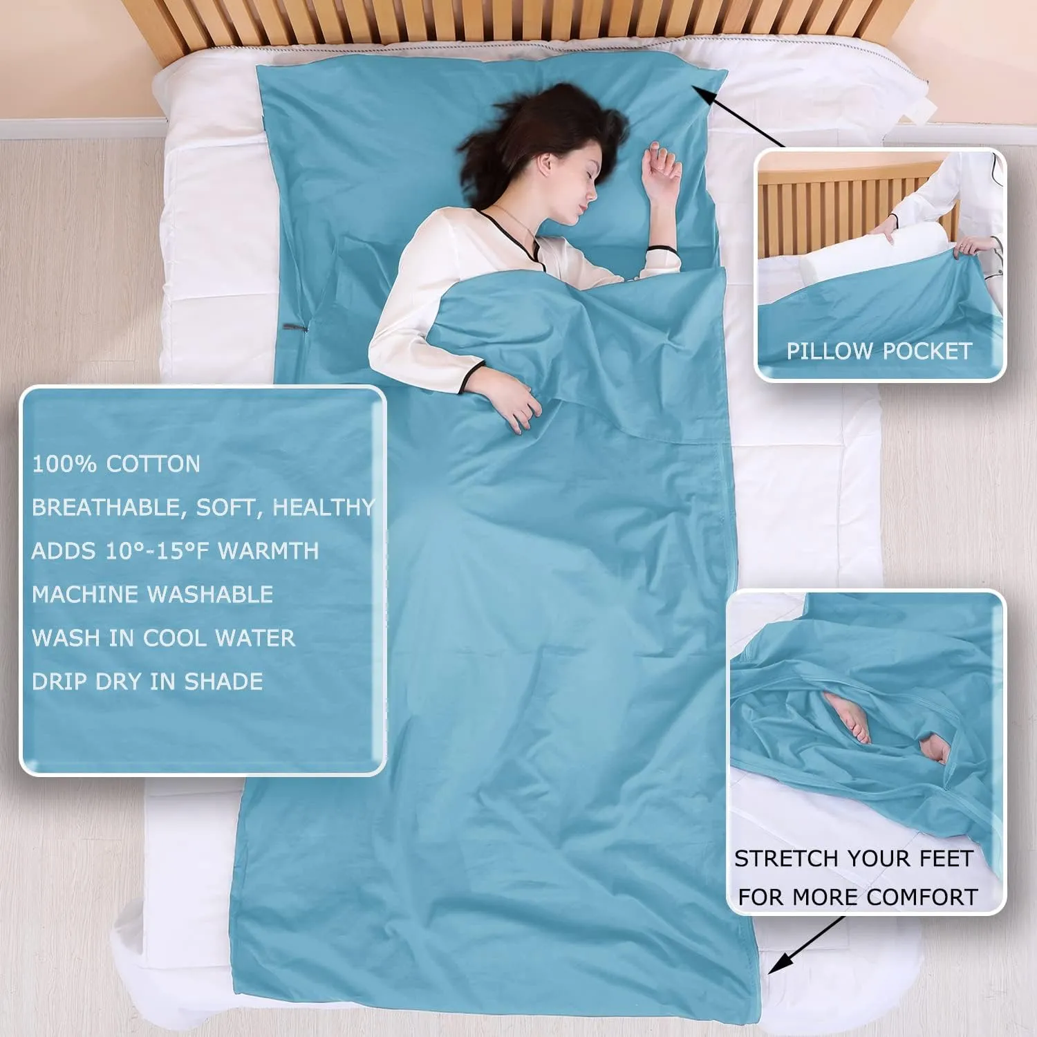 100% Cotton Sleeping Bag Liner with Full Length Zipper on 3 Sides; Single/Double Adult Sleep Sack for Travel & Camping, Multifunctional Travel Sheets (Unzipped 87”x87”) for Hotel, Lightweight