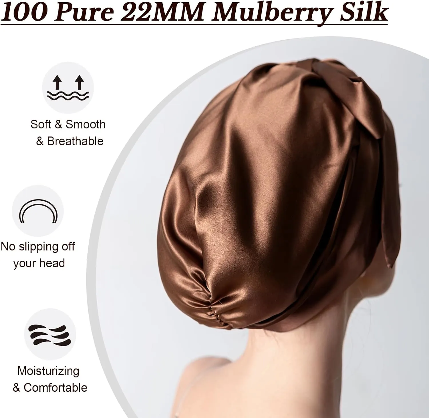 100% Mulberry Silk Sleep Cap for Women, Pure Mulberry Hair Bonnet, Anti-Frizz Head Wrap with Elastic Stay On Head