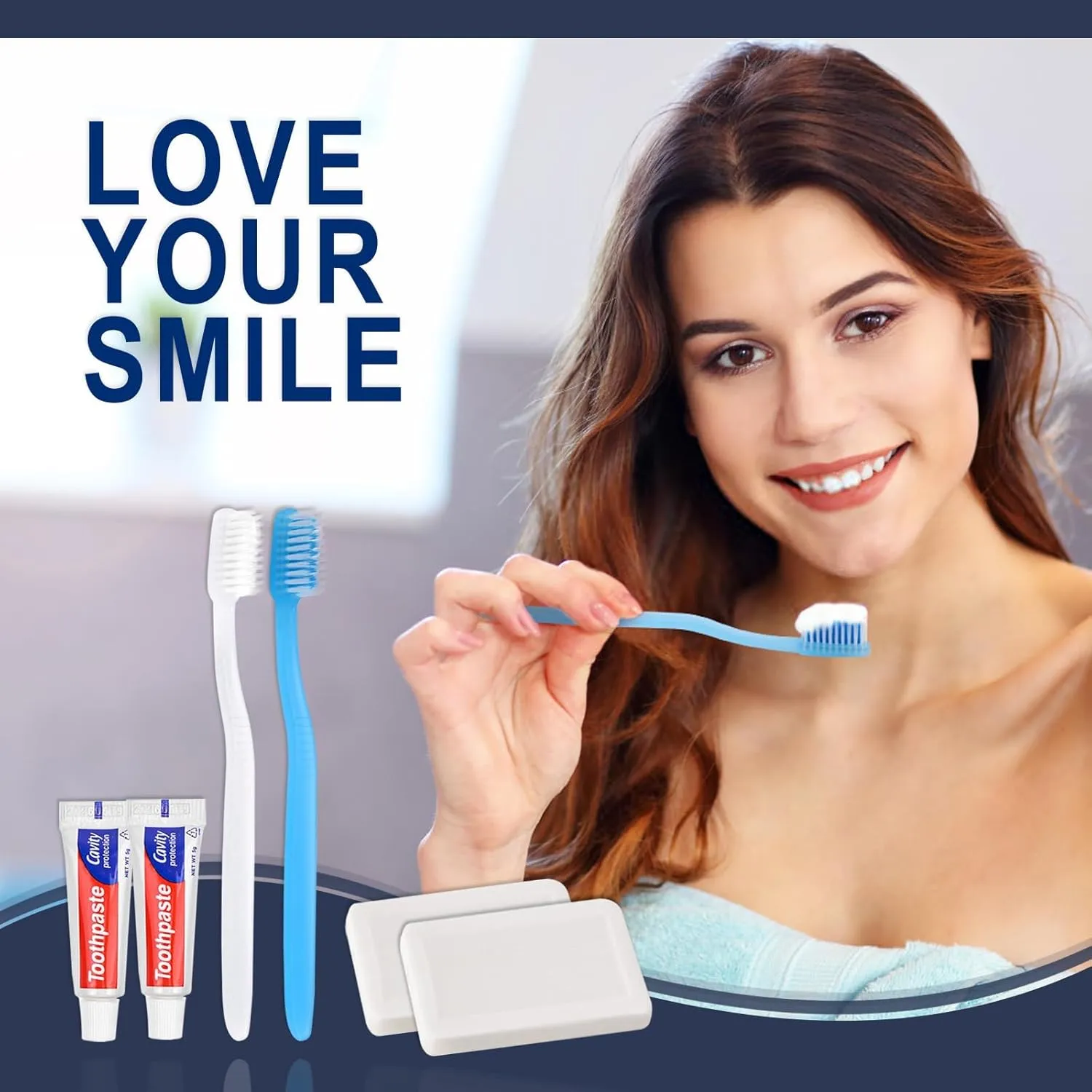 100 Pack Disposable Toothbrushes with Toothpaste and Soap Individually Wrapped, 100 pcs Toothbrushes (Blue, White) with 100 pcs Bar Soap(0.5 oz)