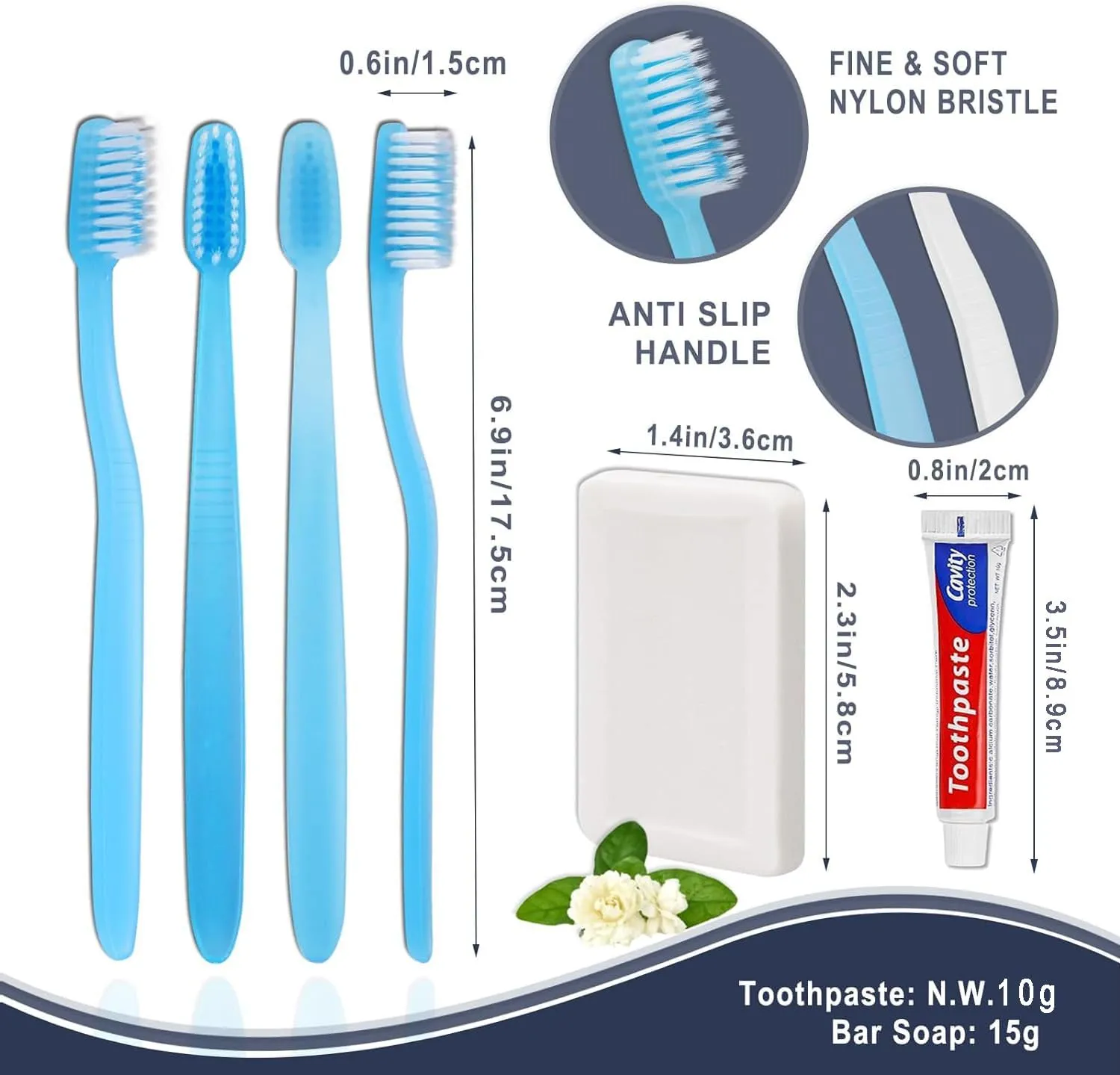 100 Pack Disposable Toothbrushes with Toothpaste and Soap Individually Wrapped, 100 pcs Toothbrushes (Blue, White) with 100 pcs Bar Soap(0.5 oz)