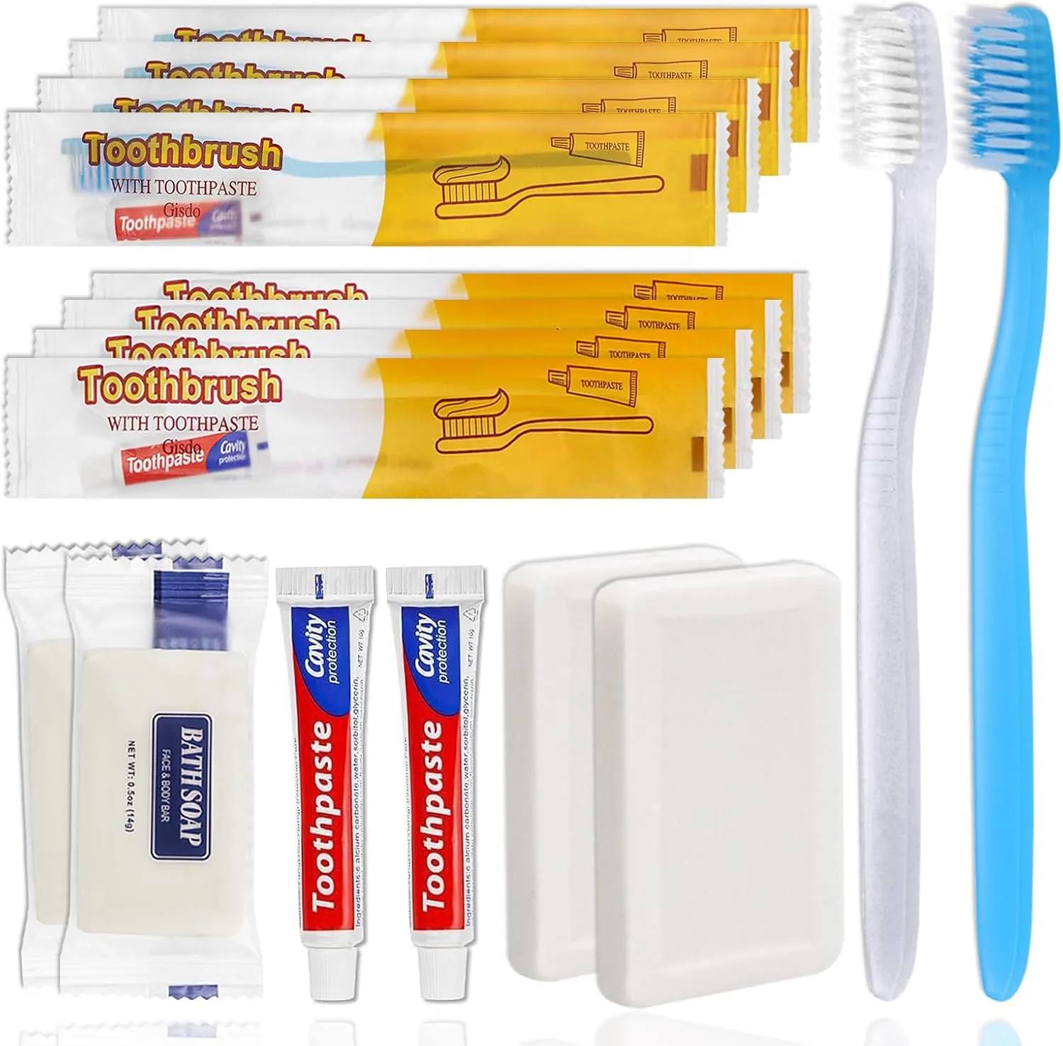 100 Pack Disposable Toothbrushes with Toothpaste and Soap Individually Wrapped, 100 pcs Toothbrushes (Blue, White) with 100 pcs Bar Soap(0.5 oz)