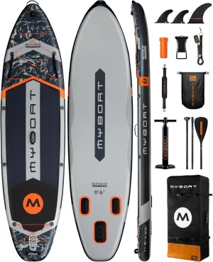 11'6"×34"×6" Extra Wide Inflatable Paddle Board, Stand Up Paddle Board for Fishing, Sup Board with 3 Removable Fins, Dual Bungees, Camera Mount, Hand Pump, Strong Paddle, 5L Dry Bag, Leash