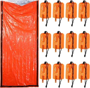 12-Pack Emergency Sleeping Bags with Whistle, Waterproof Survival Bivvy Sack, Compact Survival Blanket for Outdoor Activities, Lightweight Emergency Kit for Hiking and Camping