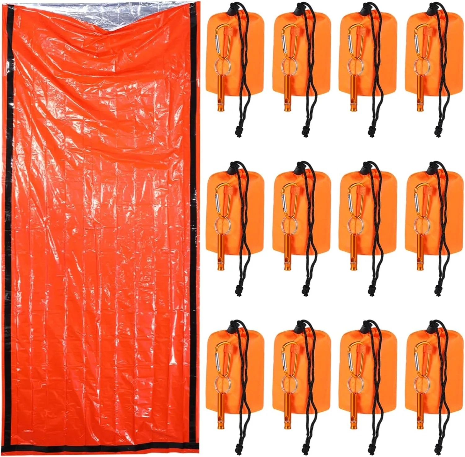12-Pack Emergency Sleeping Bags with Whistle, Waterproof Survival Bivvy Sack, Compact Survival Blanket for Outdoor Activities, Lightweight Emergency Kit for Hiking and Camping