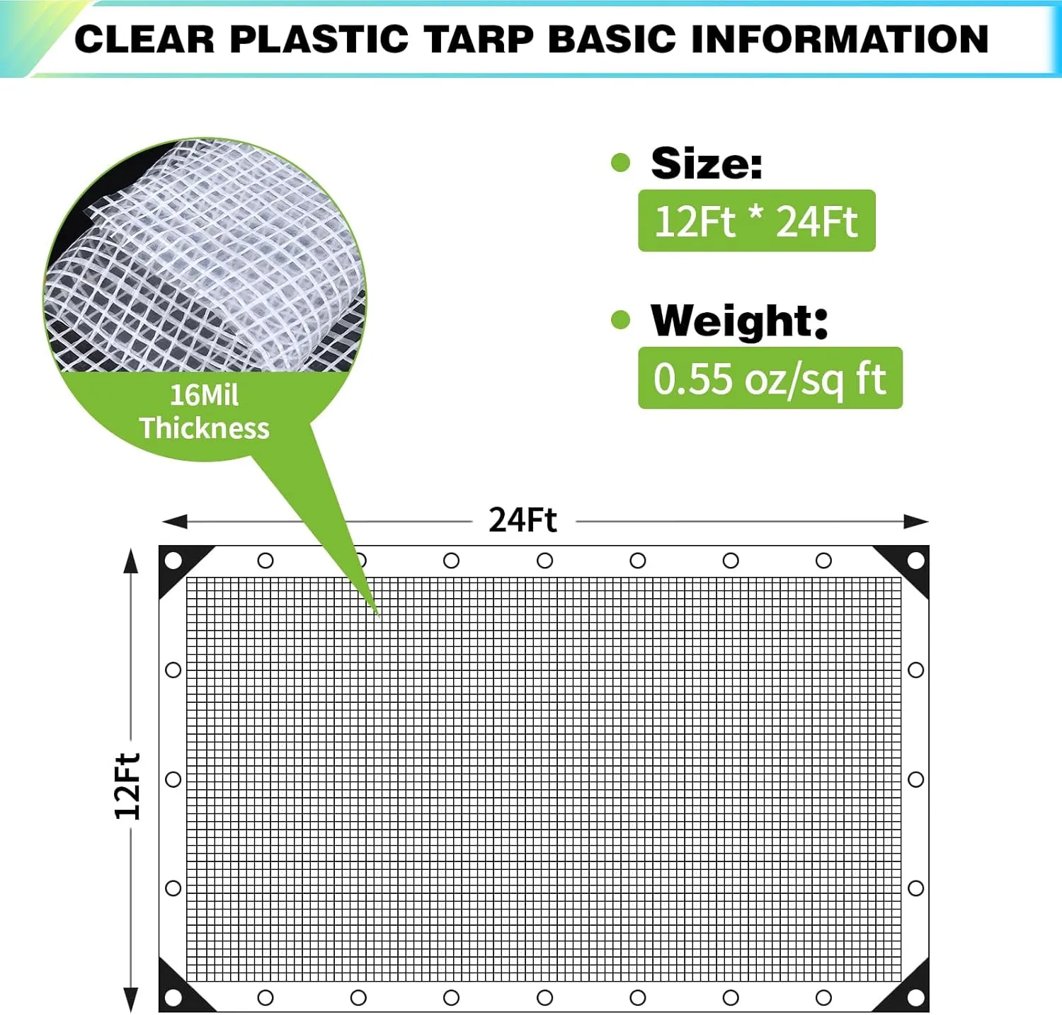 12Ftx24Ft Clear Greenhouse Plastic Covering, 16Mil Thickness Heavy Duty Clear tarp for Chicken coop, Greenhouse Plastic sheeting with Hemmed Edges & preinstalled Grommets.