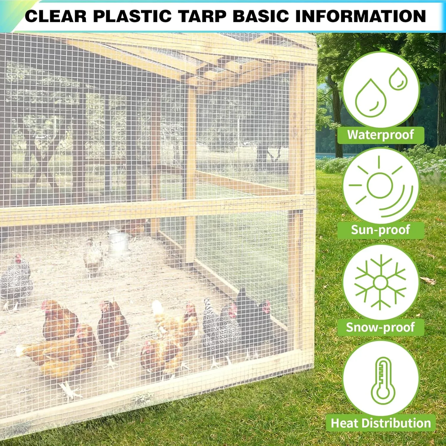 12Ftx24Ft Clear Greenhouse Plastic Covering, 16Mil Thickness Heavy Duty Clear tarp for Chicken coop, Greenhouse Plastic sheeting with Hemmed Edges & preinstalled Grommets.
