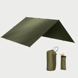 12x10 ft Olive Green Hammock Rain Fly, Portable Camping tarp Waterproof, Ultralight Survival Shelter, Reusable Rectangle Camping Tarps with Stakes, Wind Ropes and Carry Bag