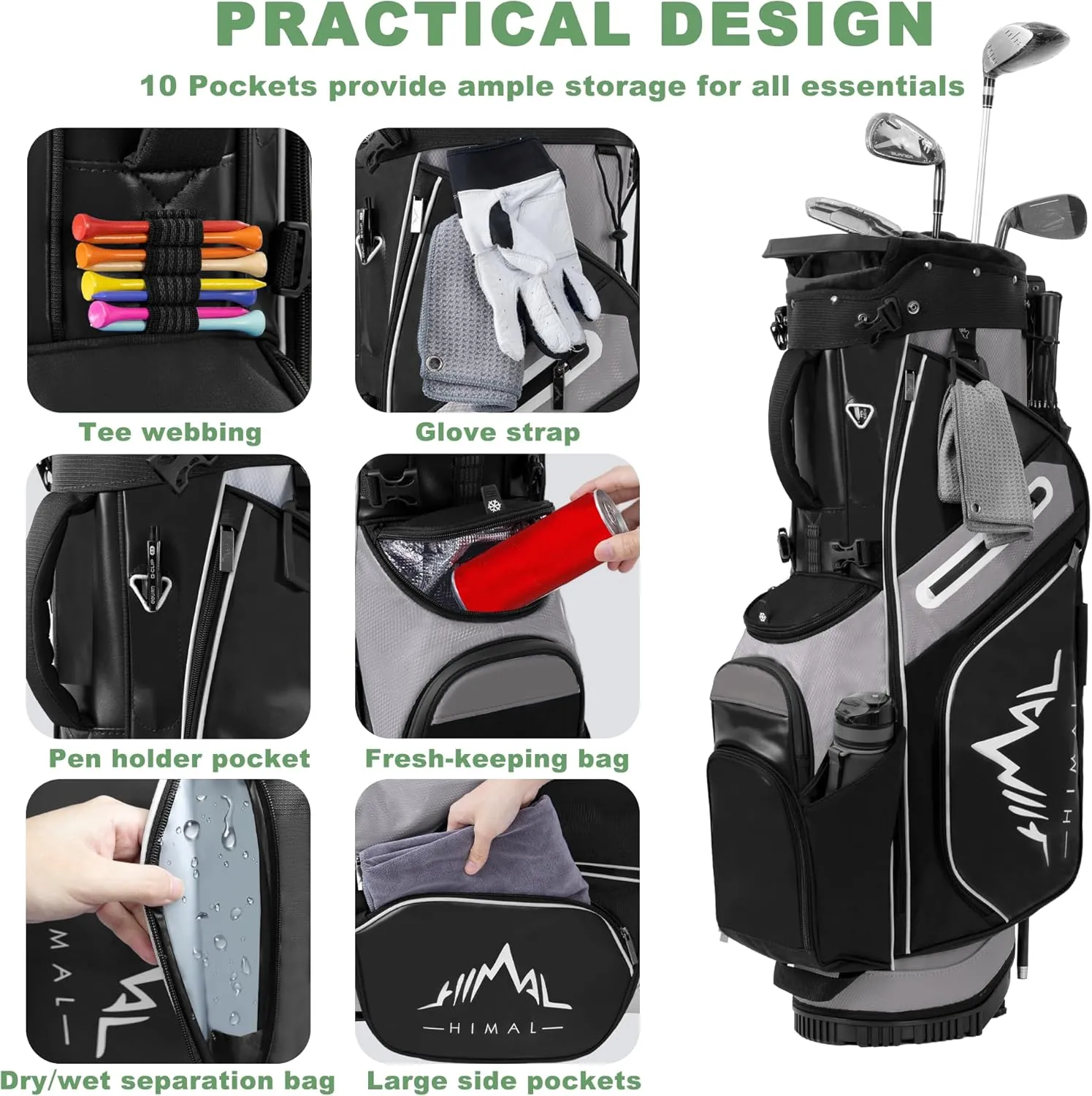 14-Way Golf Stand Bag,Premium Lightweight Golf Bag with Full-Length Dividers, Interchangeable PE-Padded Straps & Stabilizing Kickstand - Plush-Lined Top with Waterproof Cover