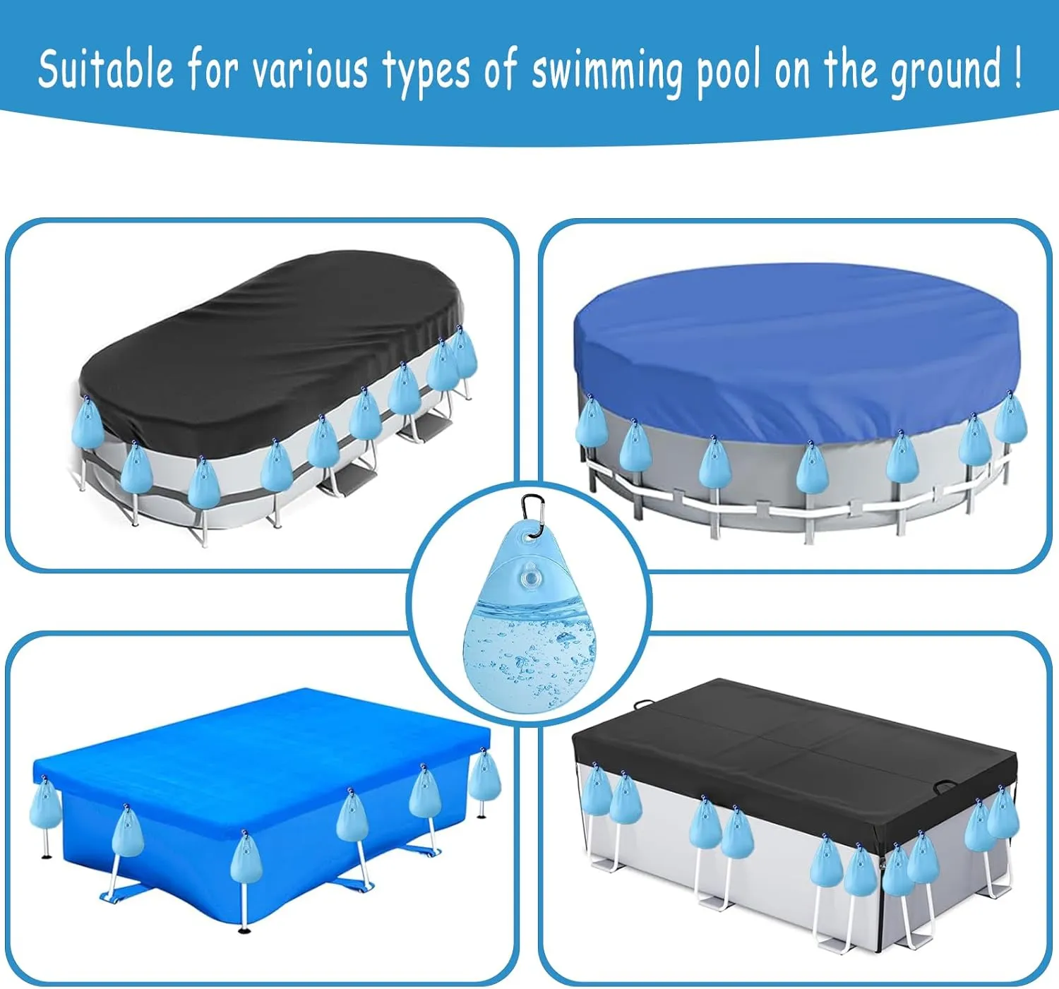 16 Pack Pool Cover Weights with Hooks, PVC Tarp Hanging Bags for Above Ground Pool Cover, for Above Ground Swimming Pool Cover Hanging Bag Leakproof Winter Pool Cover Water Weights-Light Blue