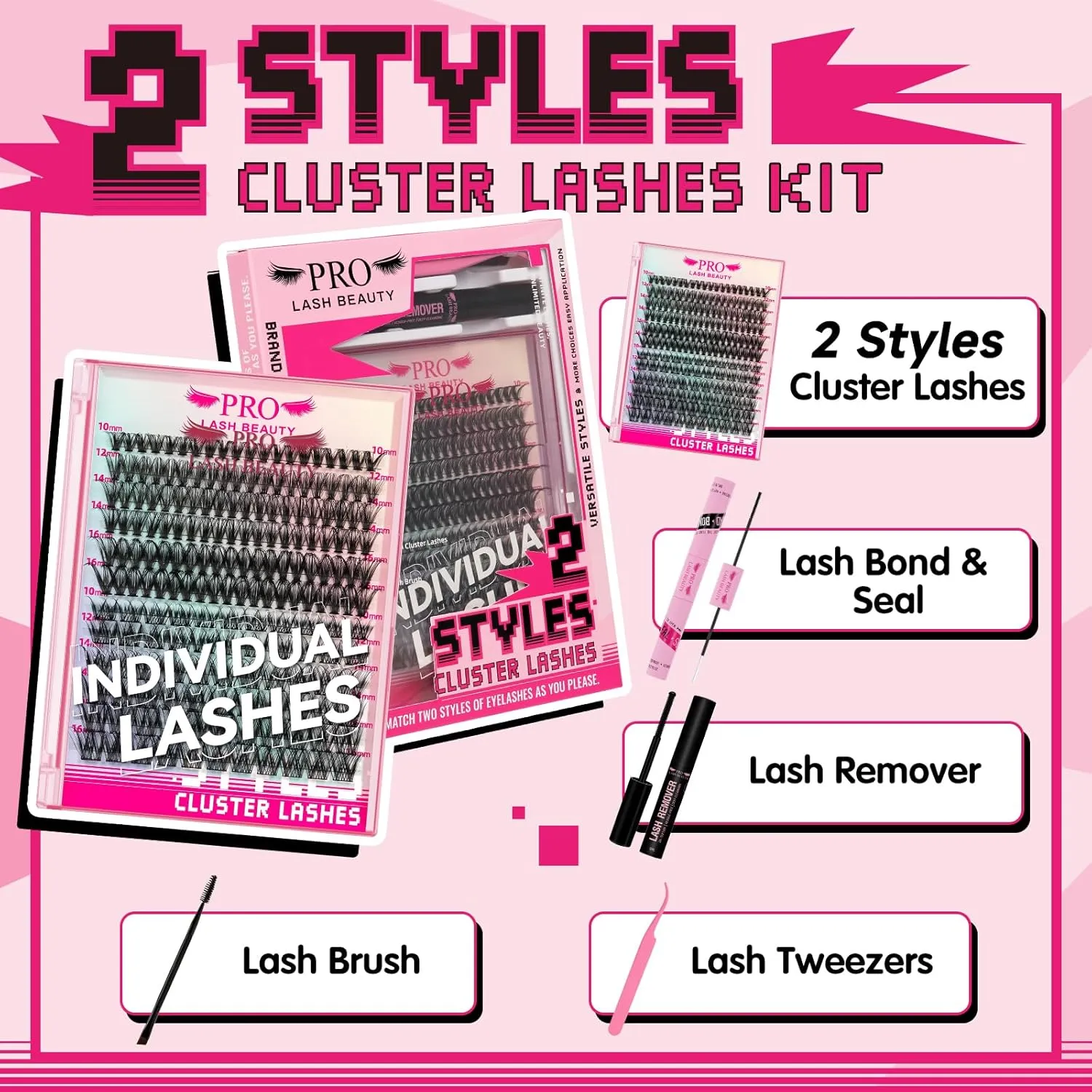 186Pcs Lash Extension Kit 2 Styles Individual Eyelash Extension Lash Clusters with Lash Bond and Seal Lash Remover Lash Applicator Individual Lashes Kit Eyelash Brush (40D Glisten-10-16mix Kit)