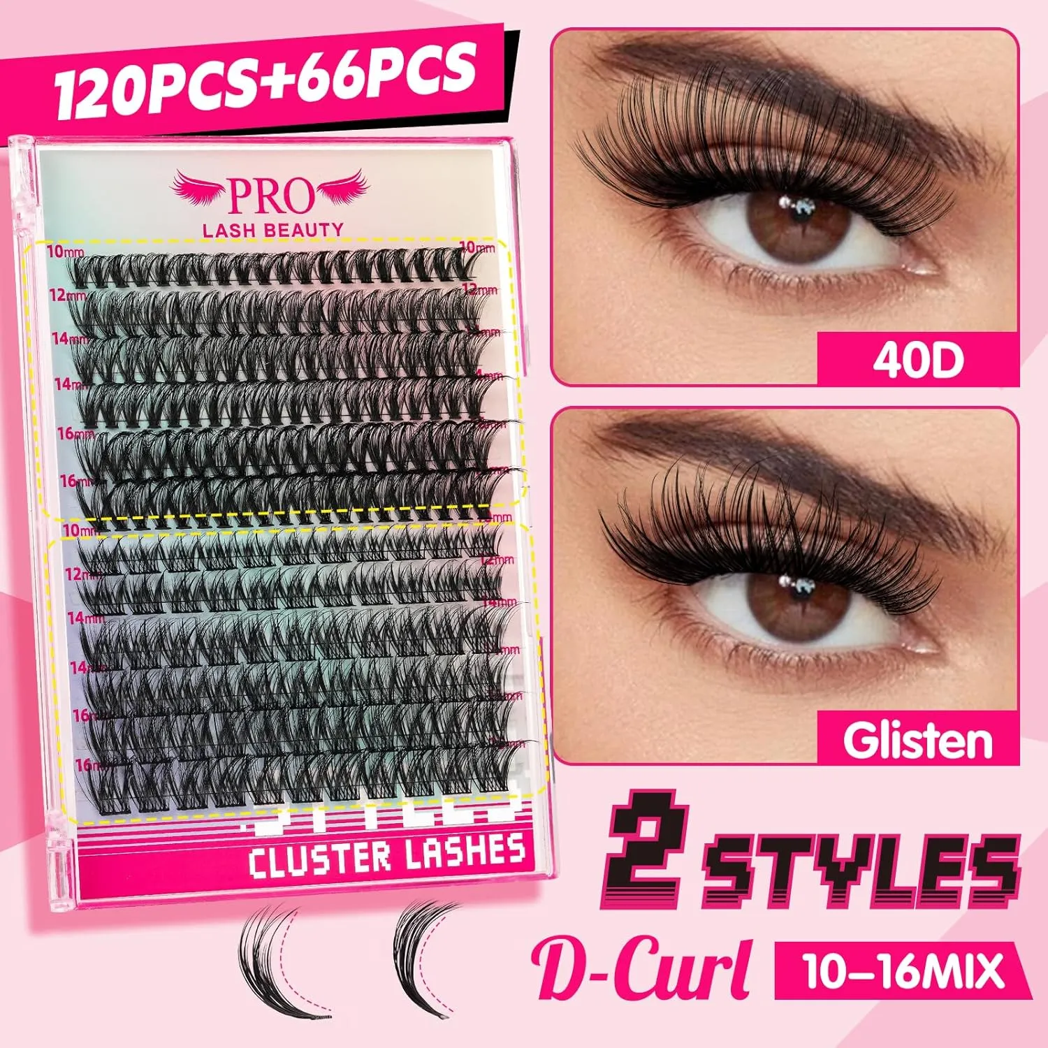 186Pcs Lash Extension Kit 2 Styles Individual Eyelash Extension Lash Clusters with Lash Bond and Seal Lash Remover Lash Applicator Individual Lashes Kit Eyelash Brush (40D Glisten-10-16mix Kit)