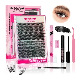 186Pcs Lash Extension Kit 2 Styles Individual Eyelash Extension Lash Clusters with Lash Bond and Seal Lash Remover Lash Applicator Individual Lashes Kit Eyelash Brush (40D Glisten-10-16mix Kit)