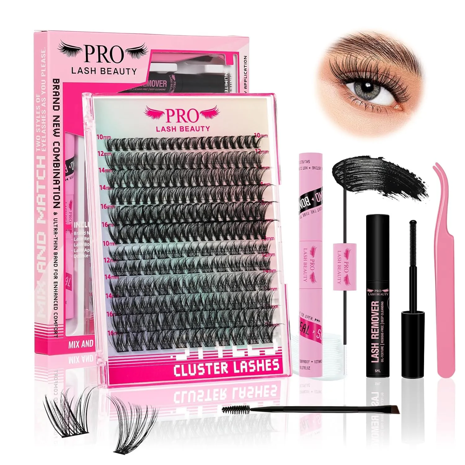 186Pcs Lash Extension Kit 2 Styles Individual Eyelash Extension Lash Clusters with Lash Bond and Seal Lash Remover Lash Applicator Individual Lashes Kit Eyelash Brush (40D Glisten-10-16mix Kit)