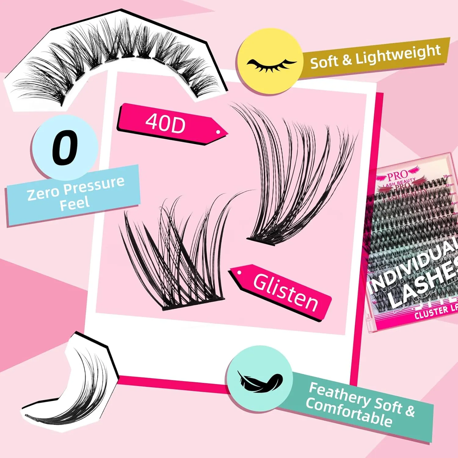 186Pcs Lash Extension Kit 2 Styles Individual Eyelash Extension Lash Clusters with Lash Bond and Seal Lash Remover Lash Applicator Individual Lashes Kit Eyelash Brush (40D Glisten-10-16mix Kit)