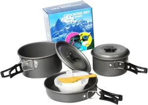 1Set Camping Cookware Kit for People Lightweight and Portable Folding Pots and Pans with Mesh Bag Includes Pot Pot Frying Pan Bowls Soup Spoon Rice Spoon