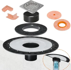 2 Inch Integrated Shower Flange Kit Compatible with Schluter Systems Kerdi Drain, ABS Base Flange with 304 Stainless Steel 4'' Grate and Waterproof Seals