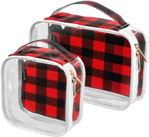 2 Pack Clear Makeup Bag, Classic Red - Black Check Pattern Cosmetic Organizer Waterproof Travel Toiletry Bags for Women Transparent Handbag Purse