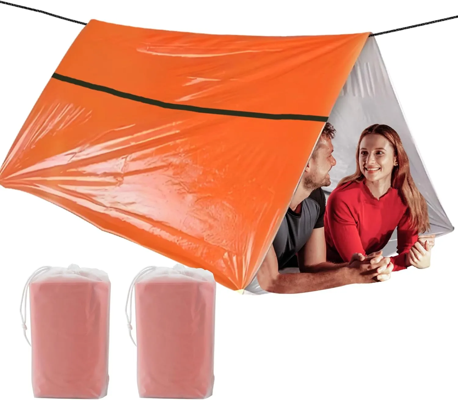 2 Pack Extra-Thick Survival Life Tent, 2 Person Mylar Emergency Shelter Tube Tents Survival Life Tarp with Paracord • All Weather Protection for Hiking, Camping & Outdoor, Orange