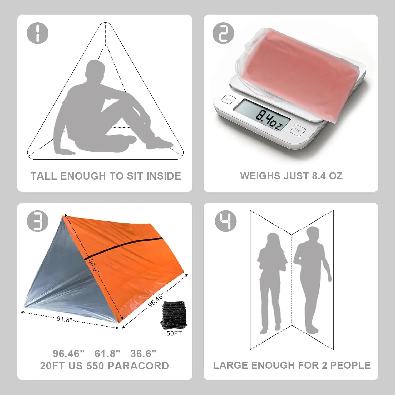 2 Pack Extra-Thick Survival Life Tent, 2 Person Mylar Emergency Shelter Tube Tents Survival Life Tarp with Paracord • All Weather Protection for Hiking, Camping & Outdoor, Orange