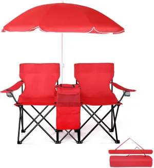 2-Person Folding Beach Chair with Umbrella & Cooler Table - 250LB Capacity Portable Camping Chair with Adjustable Canopy, Cup Holder & Carry Bag for Pool, Patio, Park, Outdoor, Red