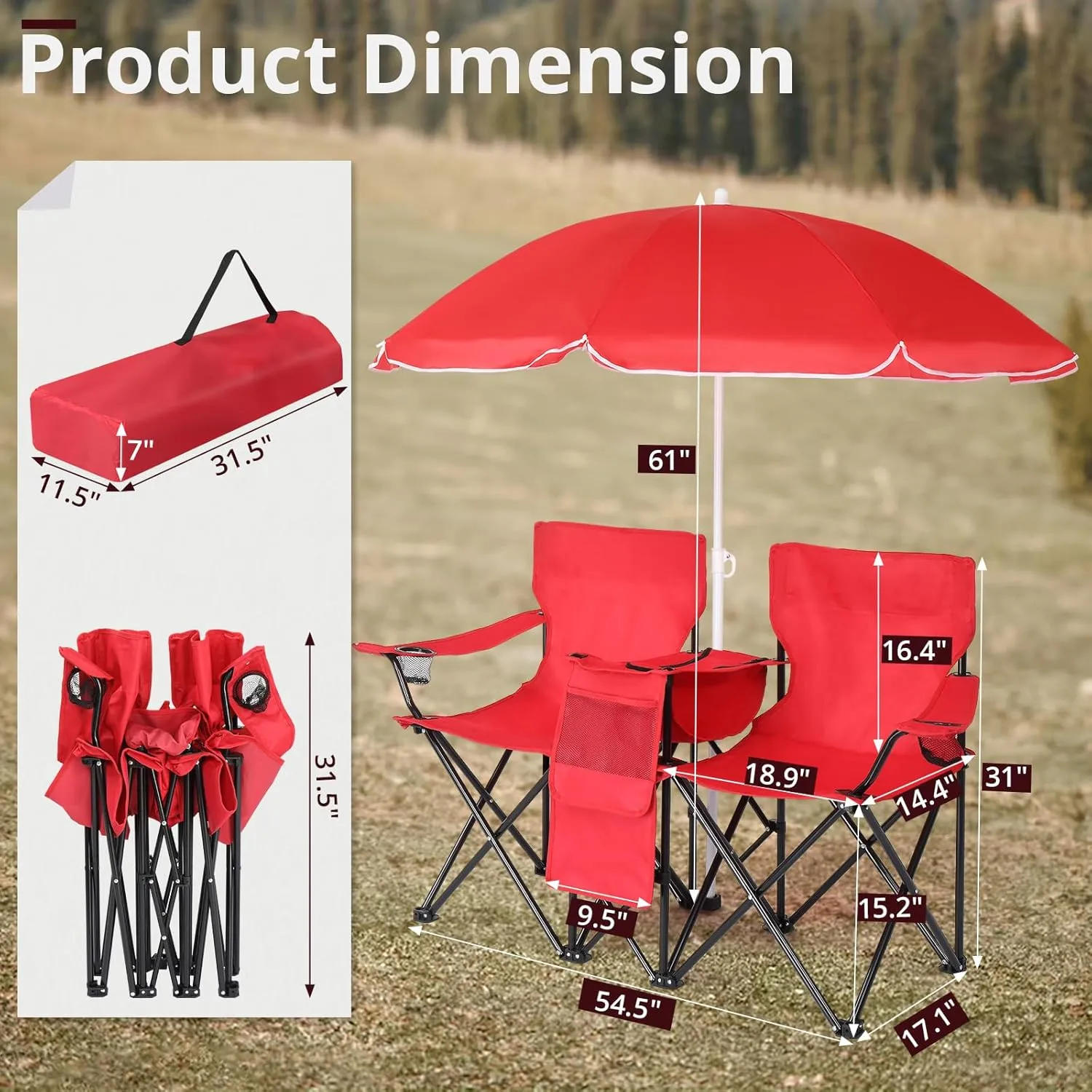 2-Person Folding Beach Chair with Umbrella & Cooler Table - 250LB Capacity Portable Camping Chair with Adjustable Canopy, Cup Holder & Carry Bag for Pool, Patio, Park, Outdoor, Red