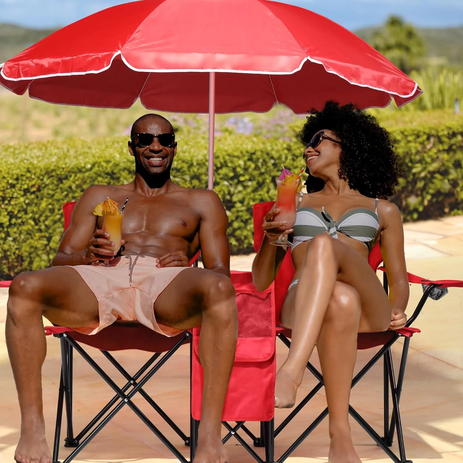 2-Person Folding Beach Chair with Umbrella & Cooler Table - 250LB Capacity Portable Camping Chair with Adjustable Canopy, Cup Holder & Carry Bag for Pool, Patio, Park, Outdoor, Red