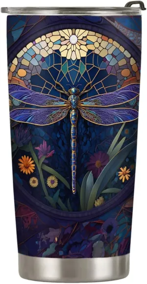 20oz Dragonfly Coffee Tumbler, Dragonfly Gifts for Dragonfly Lovers, Colorful Mosaic Flower Purple Dragonfly Tumbler Cup, Stainless Steel Coffee Thermos Insulated Travel Mug with Lid - G