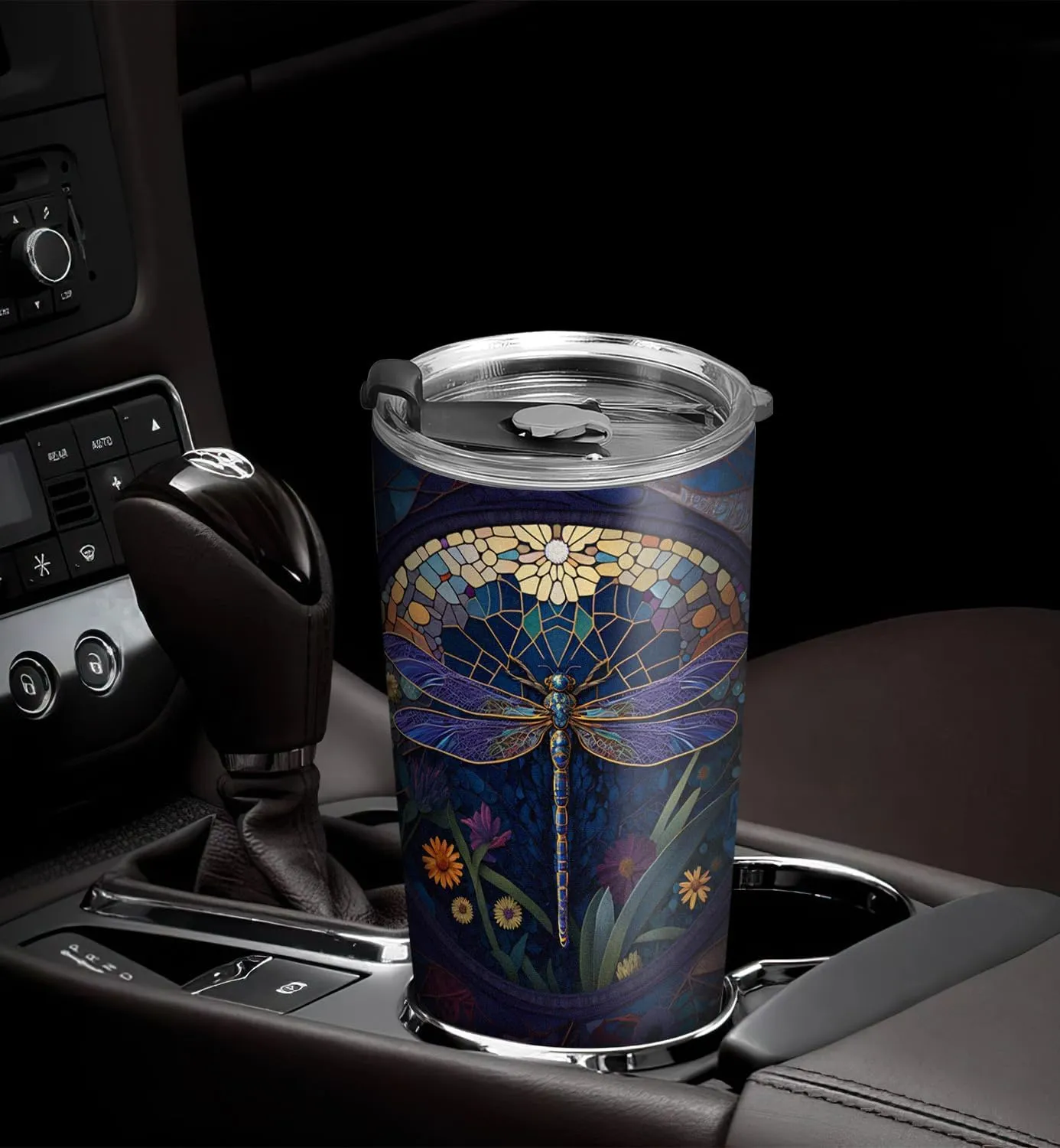 20oz Dragonfly Coffee Tumbler, Dragonfly Gifts for Dragonfly Lovers, Colorful Mosaic Flower Purple Dragonfly Tumbler Cup, Stainless Steel Coffee Thermos Insulated Travel Mug with Lid - G