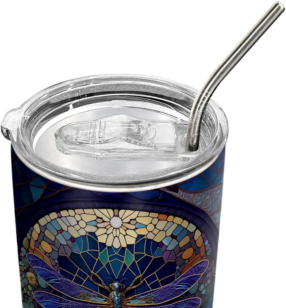 20oz Dragonfly Coffee Tumbler, Dragonfly Gifts for Dragonfly Lovers, Colorful Mosaic Flower Purple Dragonfly Tumbler Cup, Stainless Steel Coffee Thermos Insulated Travel Mug with Lid - G