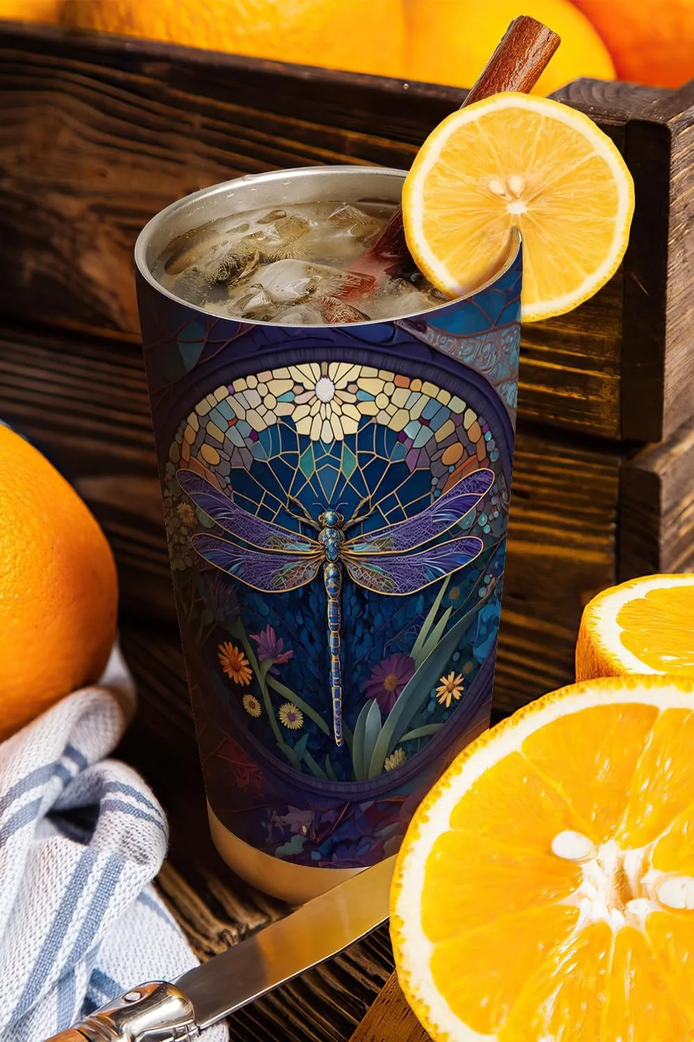 20oz Dragonfly Coffee Tumbler, Dragonfly Gifts for Dragonfly Lovers, Colorful Mosaic Flower Purple Dragonfly Tumbler Cup, Stainless Steel Coffee Thermos Insulated Travel Mug with Lid - G