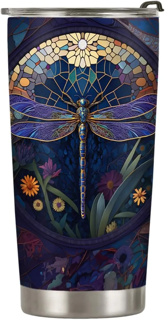 20oz Dragonfly Coffee Tumbler, Dragonfly Gifts for Dragonfly Lovers, Colorful Mosaic Flower Purple Dragonfly Tumbler Cup, Stainless Steel Coffee Thermos Insulated Travel Mug with Lid - G