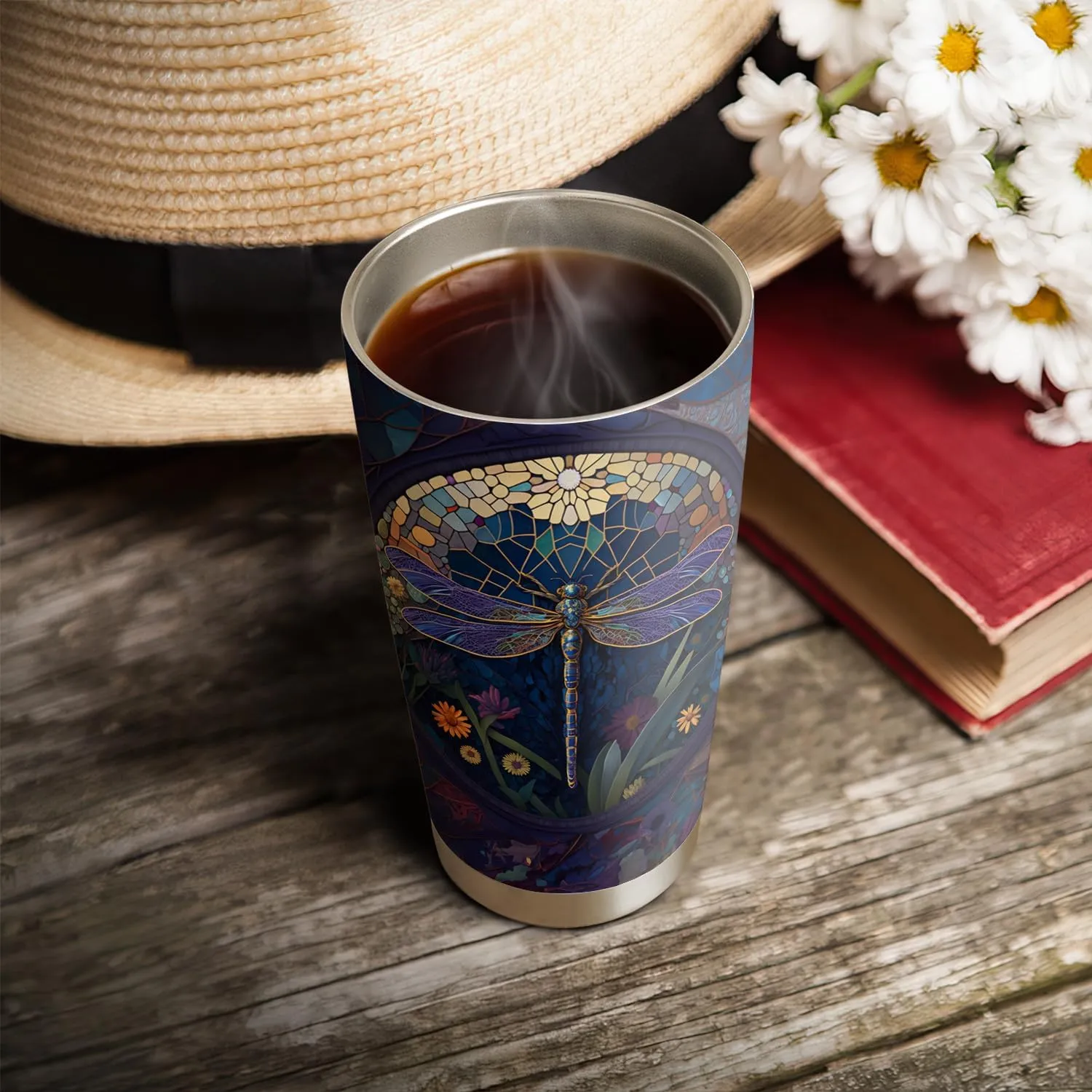 20oz Dragonfly Coffee Tumbler, Dragonfly Gifts for Dragonfly Lovers, Colorful Mosaic Flower Purple Dragonfly Tumbler Cup, Stainless Steel Coffee Thermos Insulated Travel Mug with Lid - G