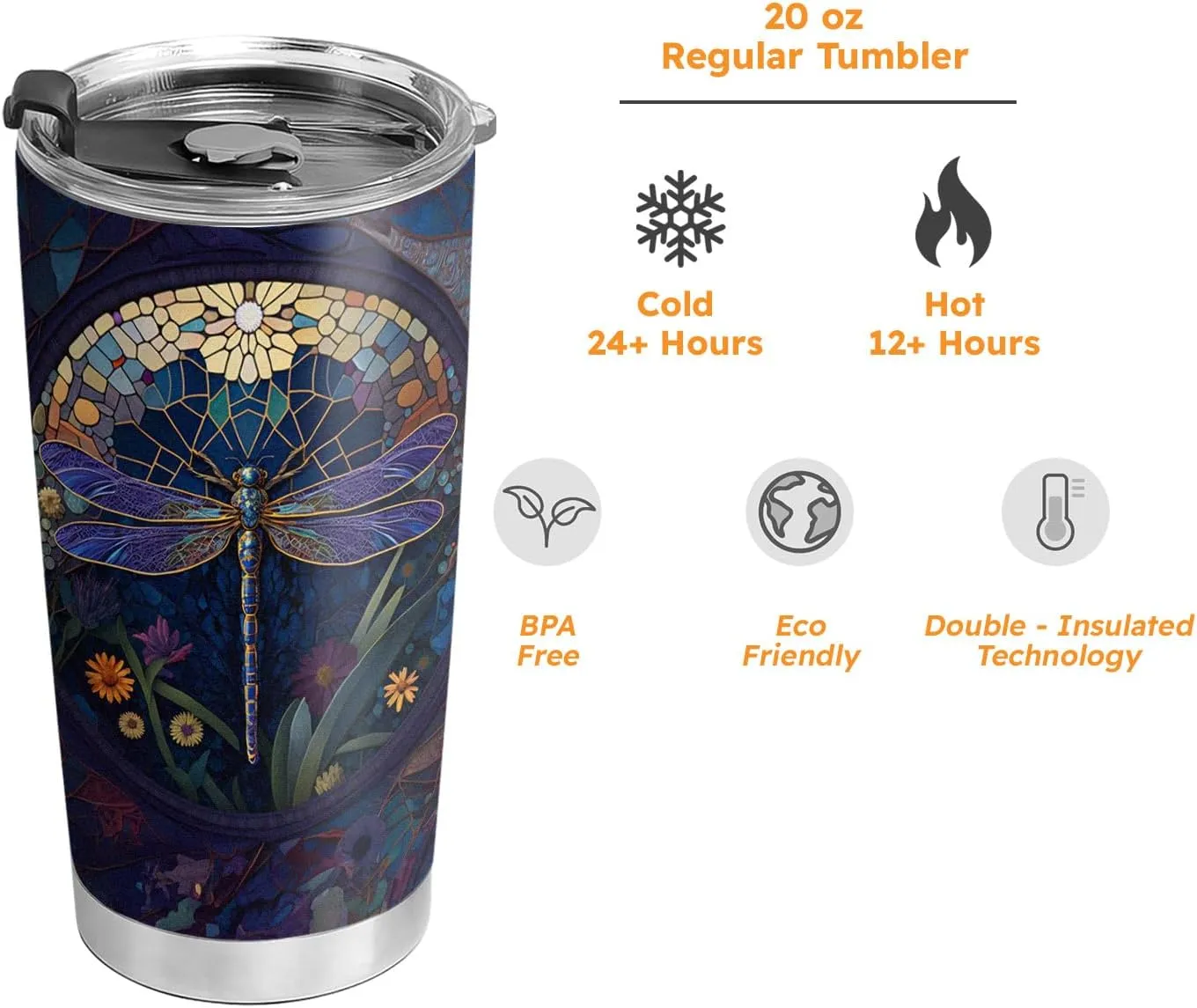 20oz Dragonfly Coffee Tumbler, Dragonfly Gifts for Dragonfly Lovers, Colorful Mosaic Flower Purple Dragonfly Tumbler Cup, Stainless Steel Coffee Thermos Insulated Travel Mug with Lid - G