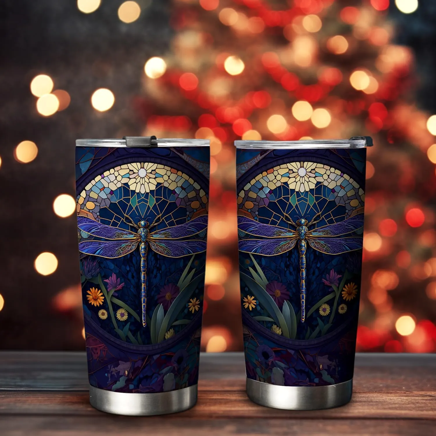 20oz Dragonfly Coffee Tumbler, Dragonfly Gifts for Dragonfly Lovers, Colorful Mosaic Flower Purple Dragonfly Tumbler Cup, Stainless Steel Coffee Thermos Insulated Travel Mug with Lid - G