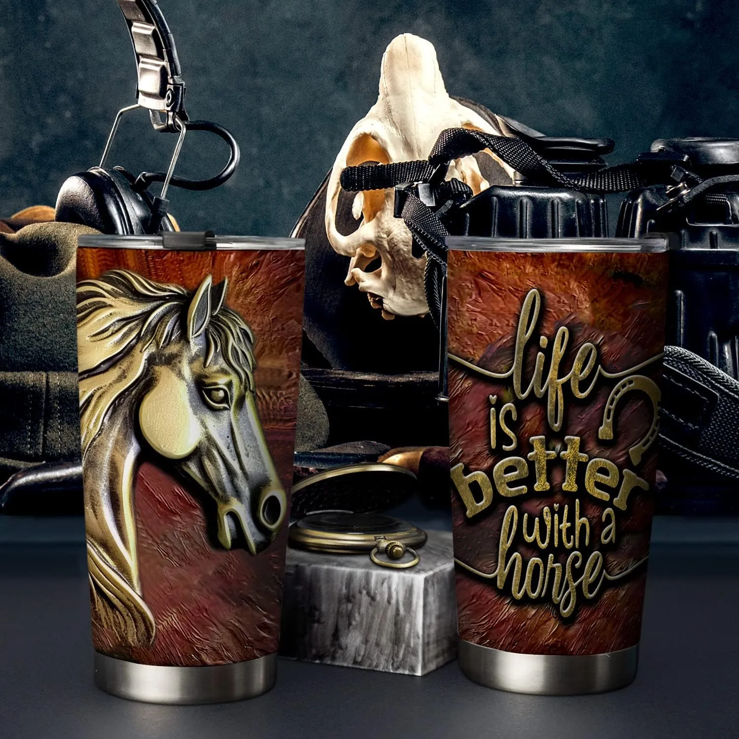 20oz Metal Horse Tumbler, Life is Better with a Horse, Country, Equestrian Gifts for Horses Lovers, Coffee Thermos, Stainless Steel Double Wall Vacuum Insulated Coffee Mug, Travel Cup with Lid