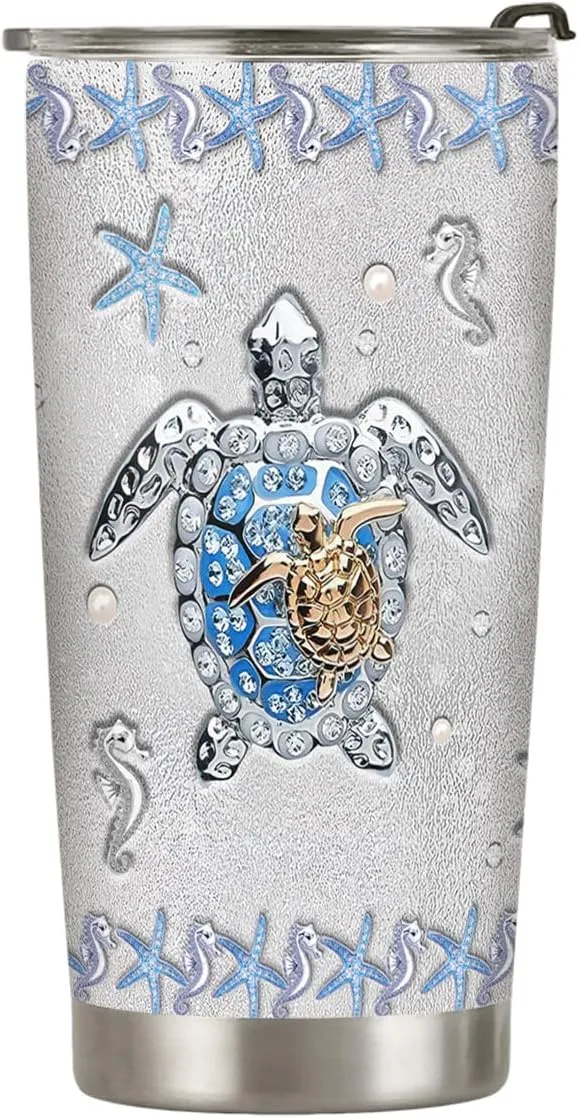 20oz Printed Jewelry Sea Turtle Tumbler, Gifts for Turtle Lovers, Ocean, Beach Gifts, Coffee Thermos for Women, Stainless Steel Double Wall Vacuum Insulated Coffee Mug, Travel Cup with Lid