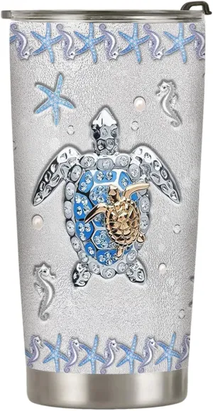 20oz Printed Jewelry Sea Turtle Tumbler, Gifts for Turtle Lovers, Ocean, Beach Gifts, Coffee Thermos for Women, Stainless Steel Double Wall Vacuum Insulated Coffee Mug, Travel Cup with Lid