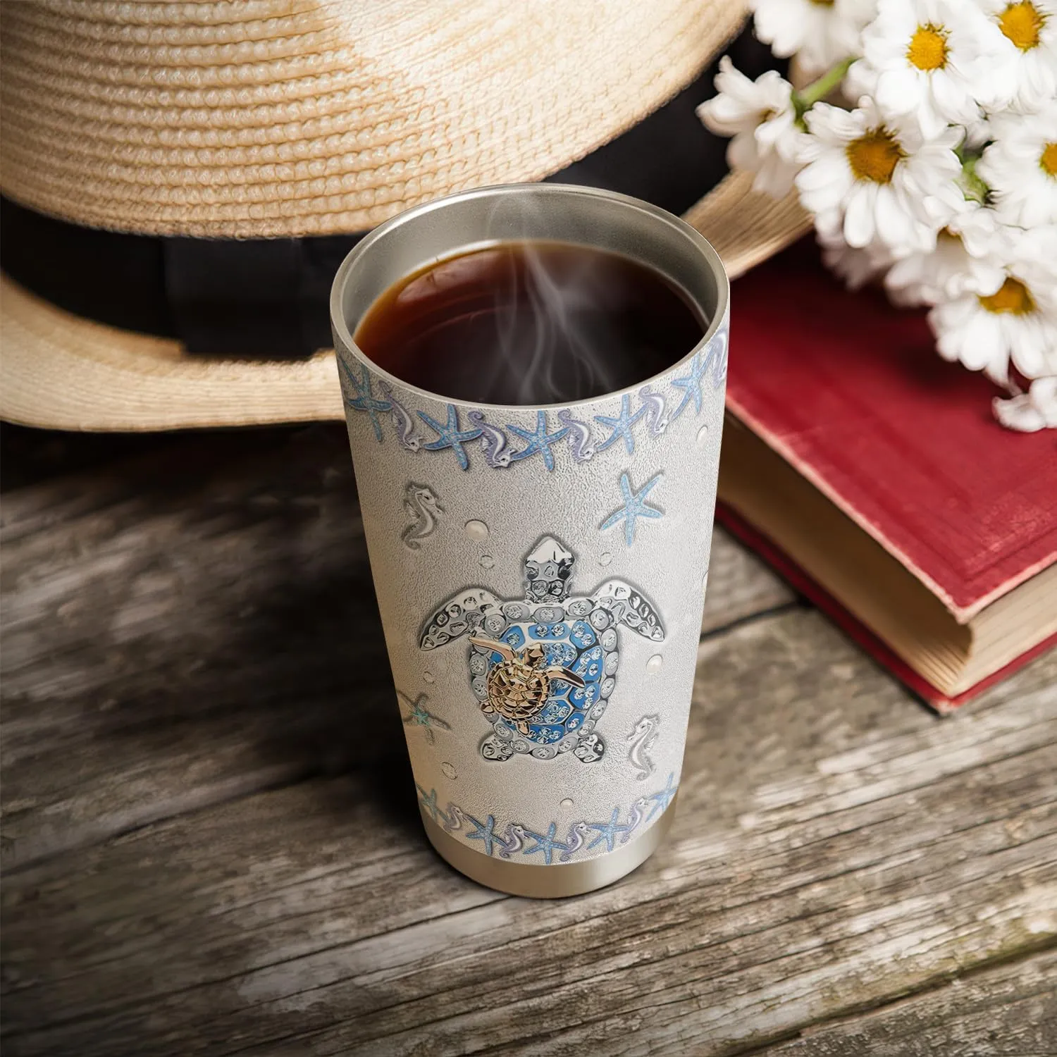 20oz Printed Jewelry Sea Turtle Tumbler, Gifts for Turtle Lovers, Ocean, Beach Gifts, Coffee Thermos for Women, Stainless Steel Double Wall Vacuum Insulated Coffee Mug, Travel Cup with Lid