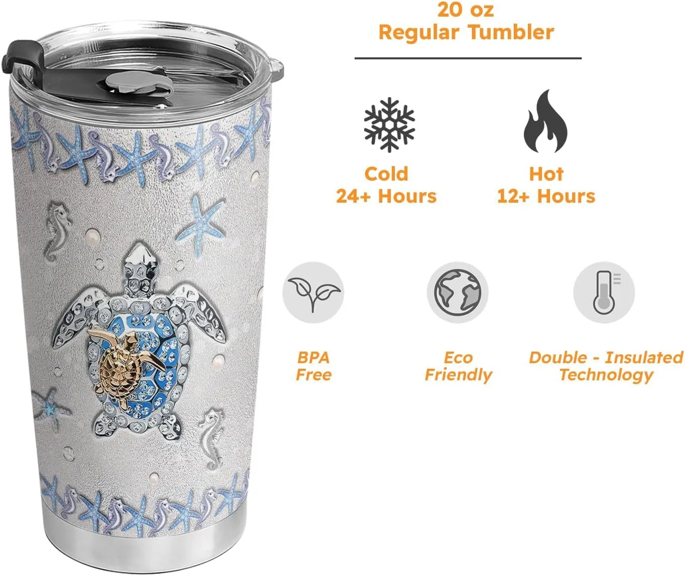 20oz Printed Jewelry Sea Turtle Tumbler, Gifts for Turtle Lovers, Ocean, Beach Gifts, Coffee Thermos for Women, Stainless Steel Double Wall Vacuum Insulated Coffee Mug, Travel Cup with Lid