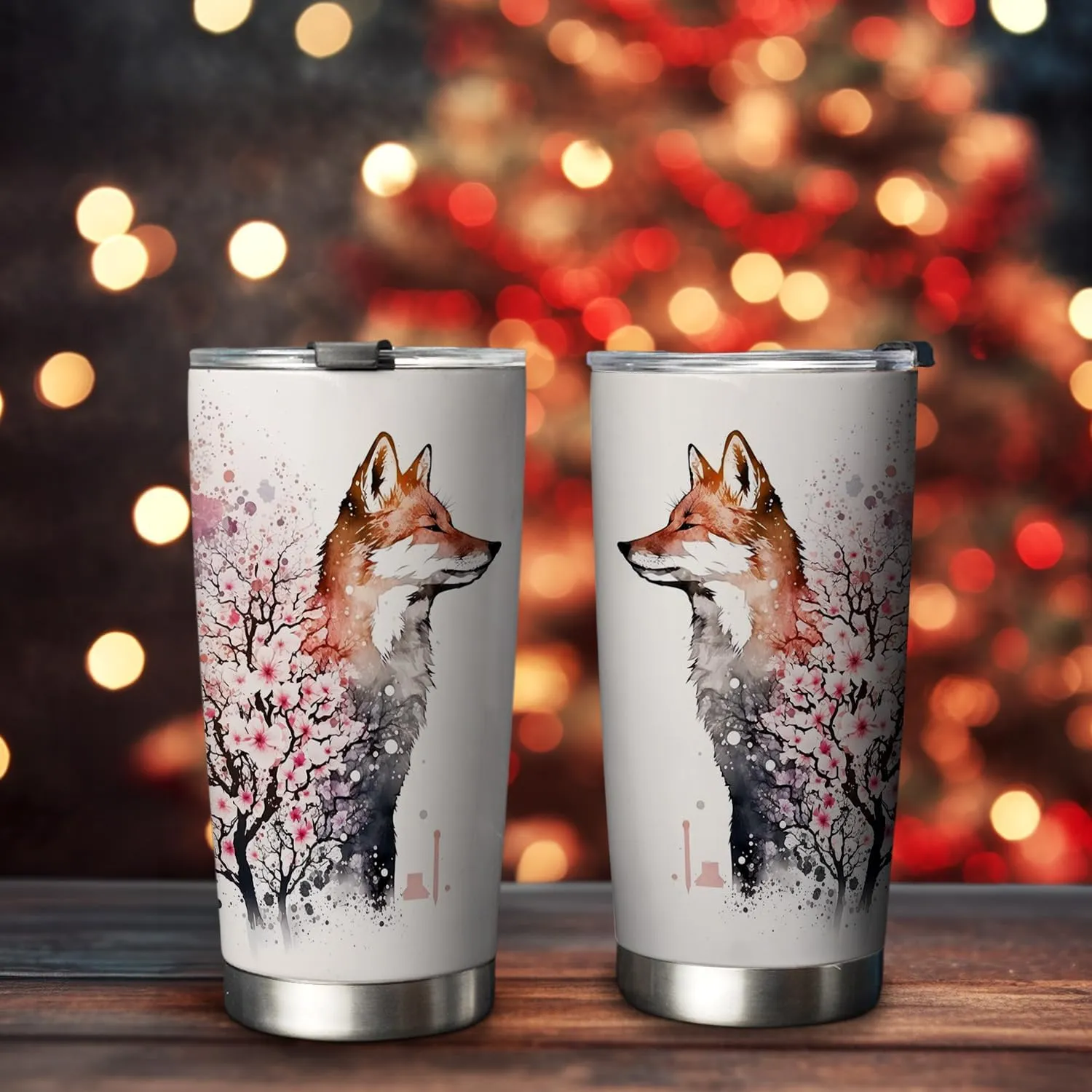 20oz Spring Cherry Blossom Fox Tumbler, Gifts for Fox Lovers, Coffee Thermos for Women, Stainless Steel Double Wall Vacuum Insulated Coffee Mug, Travel Cup with Lid