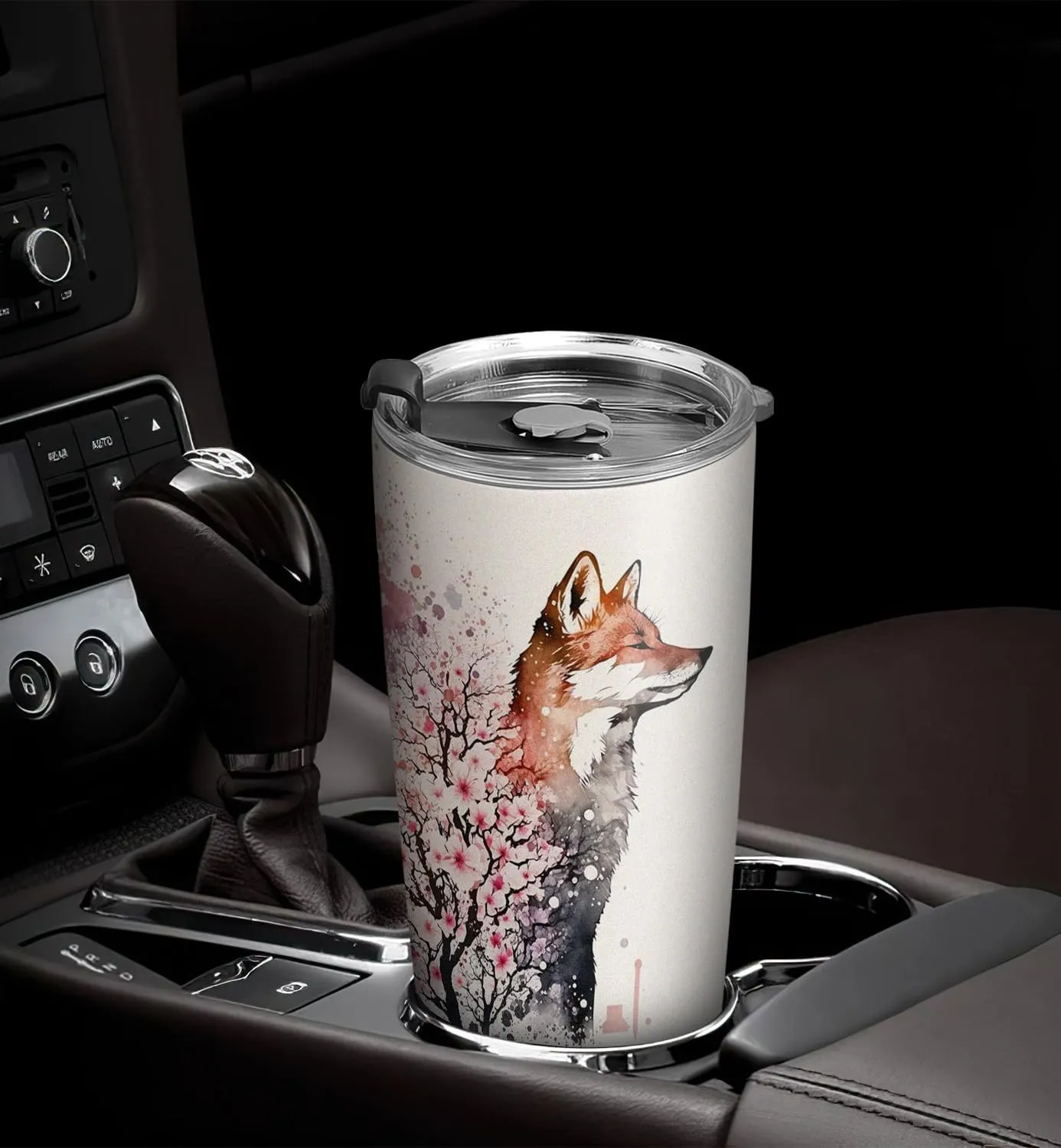 20oz Spring Cherry Blossom Fox Tumbler, Gifts for Fox Lovers, Coffee Thermos for Women, Stainless Steel Double Wall Vacuum Insulated Coffee Mug, Travel Cup with Lid