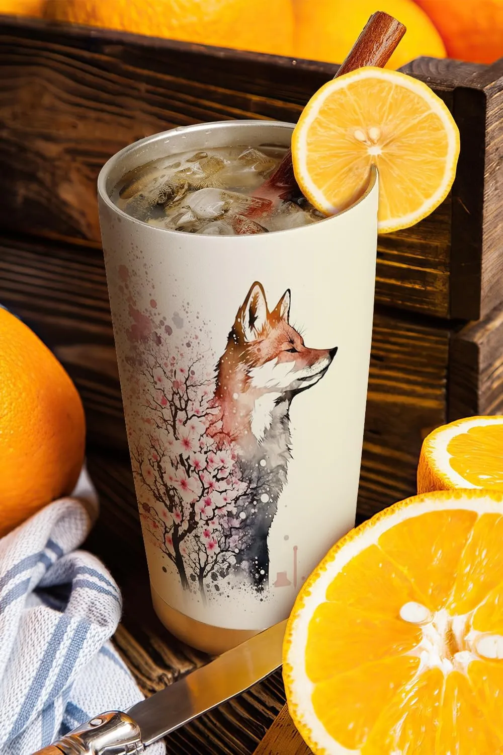 20oz Spring Cherry Blossom Fox Tumbler, Gifts for Fox Lovers, Coffee Thermos for Women, Stainless Steel Double Wall Vacuum Insulated Coffee Mug, Travel Cup with Lid