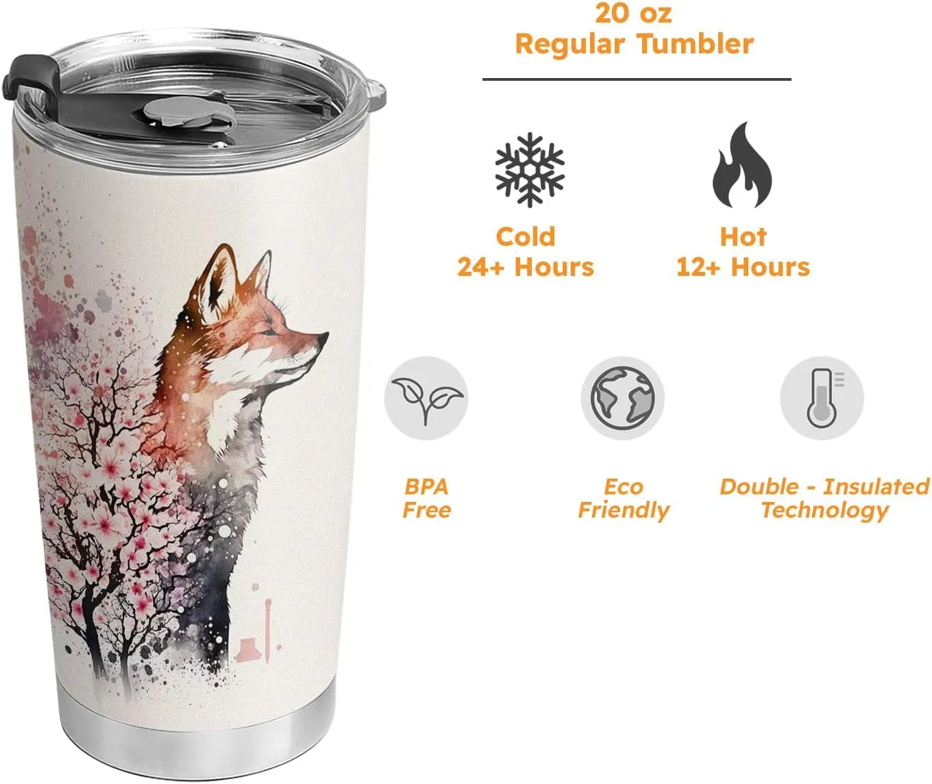 20oz Spring Cherry Blossom Fox Tumbler, Gifts for Fox Lovers, Coffee Thermos for Women, Stainless Steel Double Wall Vacuum Insulated Coffee Mug, Travel Cup with Lid